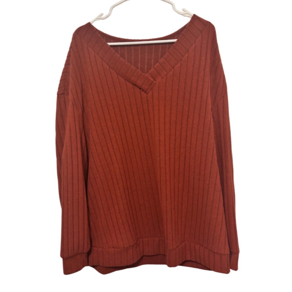 Emery Rose Plus Size Ribbed V-Neck Sweater - Rust Orange